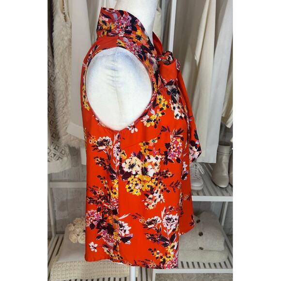 A New Day Women's Size S Orange Floral Tie Neck Sleeveless Blouse #0506 - Picture 3 of 12